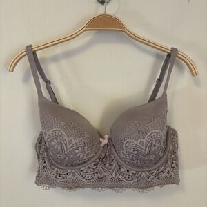 Victoria's Secret Lined Demi Bra Gray Lace Bow Sexy Body by Victoria 36C